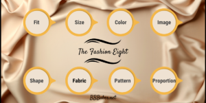 Eight fashion style words in a circle on gold fabric